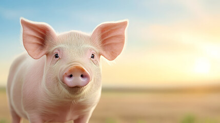 Cute piglet standing in a field during sunset  