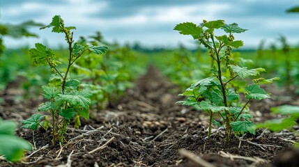 Currant bush seedlings growing in neat field rows natural background