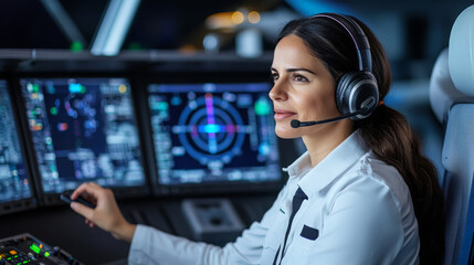 Female pilot operating aircraft controls in cockpit at night  