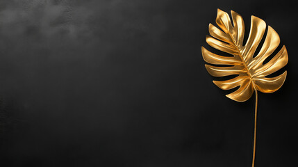 Gold monstera leaf on black background in minimalist style  