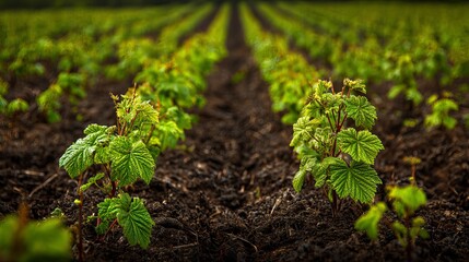 Obraz premium Currant bush seedlings growing in neat field rows natural background