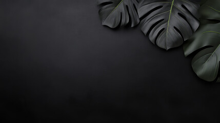 Tropical monstera leaves on black background for decoration or design  