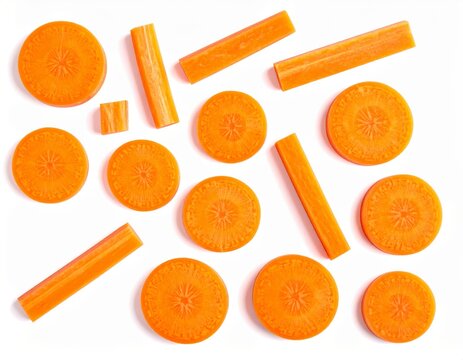 Shapes and Sizes of Orange Carrot Pieces on White Background for Food Preparation and Cooking Ideas