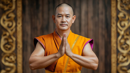 Asian man in orange robes practicing meditation with hands together  
