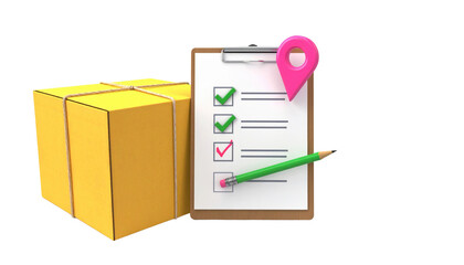 Online order tracking and delivery management concept with checklist, package, and location pin