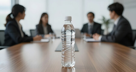 Water bottle in focus on a conference table with blurred businesspeople in the background