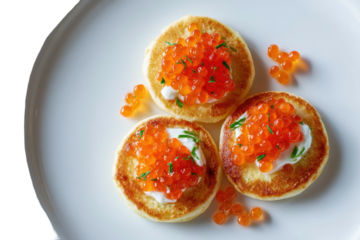 Three mini pancakes topped with orange roe and white cream on a white plate