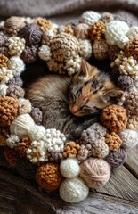 Obraz premium Sleeping kitten in knitted yarn wreath cozy handmade craft background