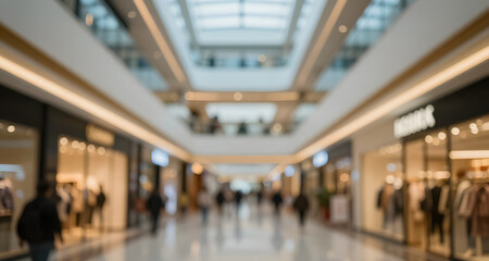 Blurred perspective of shoppers walking inside a large, modern shopping mall