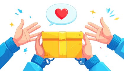 Joyful exchange: Hands giving and receiving a golden gift box with a heart symbol