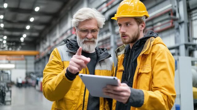 Mature engineer in jacket explaining robotics concepts to younger technician inside a modern industrial facility during daylight hours