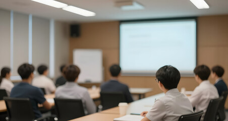 Blurred shot of business professionals and colleagues listening to a presentation in a meeting room.