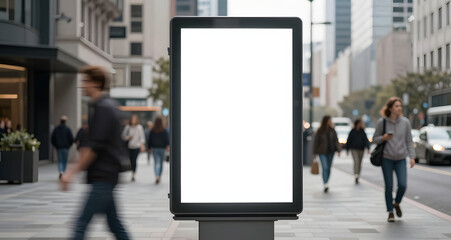 Blank white digital advertising billboard on a busy city sidewalk with pedestrians passing by