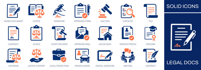 Legal docs icon set. Showing adjudication, signatures, justice symbols, verification, approval and official documentation processes. Solid vector icons collection.
