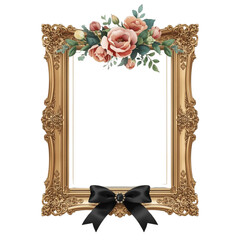 An ornate gold picture frame adorned with flowers and a black bow