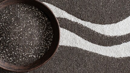Chia seeds in a wooden bowl on a bed of white and black seeds