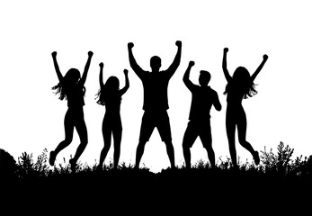 Fototapeta premium Silhouette of diverse group of people celebrating success and jumping for joy. Happy friends cheering with arms raised.
