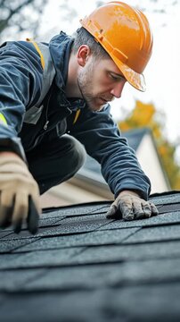Vertical Shot. Roofer inspecting asphalt shingles residential roof