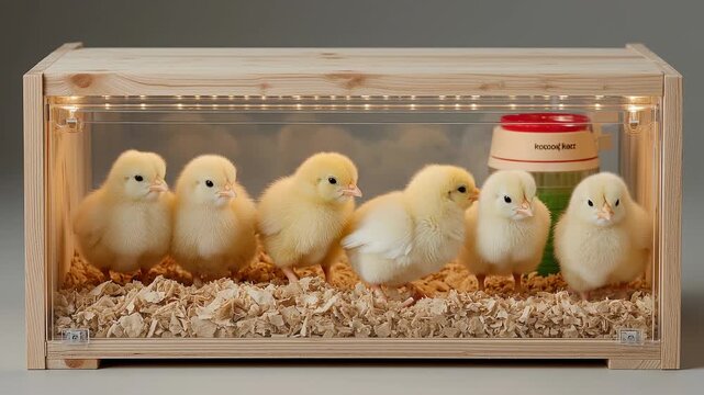 A delightful group of fluffy chicks enjoy their warm, lit brooder space. Surrounded by soft bedding, they explore and interact with each other, creating a lively atmosphere of growth and joy.