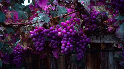 Natural grape harvest on vine in outdoor countryside vineyard