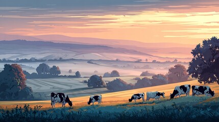 Herd of cows at dawn in summer rural fields and pastures vector