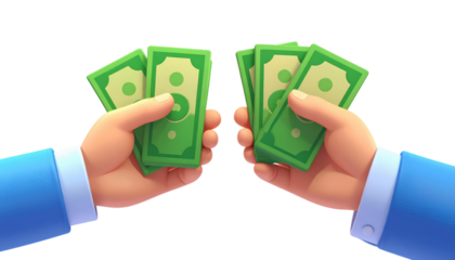 Illustrated hands holding stacks of green banknotes showing financial transaction