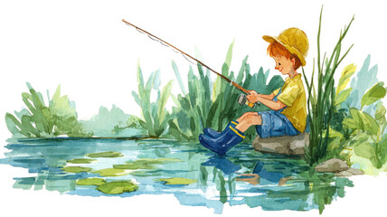 Watercolor illustration of young boy fishing by pond with reeds reflections and summer scenery isolated on white background
