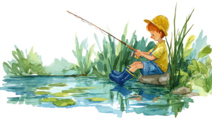 Watercolor illustration of young boy fishing by pond with reeds reflections and summer scenery isolated on white background