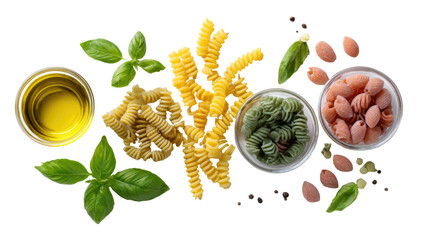 Assorted dry pasta shapes with basil leaves olive oil and spices flat lay food photography isolated on white background