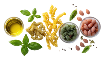 Assorted dry pasta shapes with basil leaves olive oil and spices flat lay food photography isolated on white background