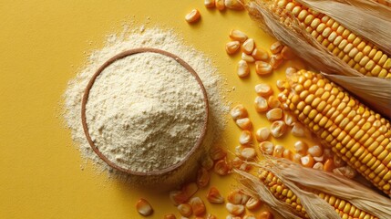 Corn flour in wooden bowl with corn cobs on yellow background