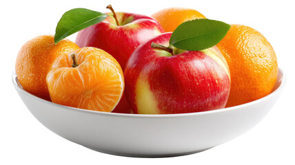 Fresh apples and mandarins in white ceramic bowl with green leaves isolated on white background