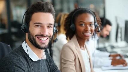 Smiling multiracial customer service executives working in a modern office environment with headsets while assisting clients during business hours - Powered by Adobe