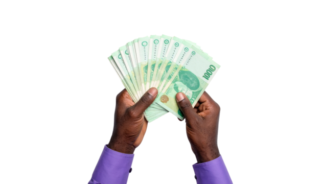 Hands holding fanned currency notes, symbolizing financial transactions and prosperity. - Powered by Adobe