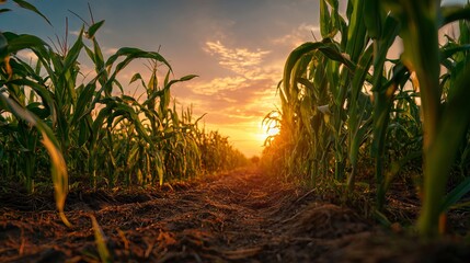 Maize corn crops on agricultural plantation at sunset landscape