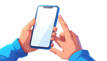 Illustrated hands interacting with a blank screen mobile device for digital use