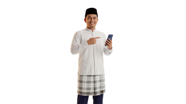 Smiling young man in traditional attire pointing at a smartphone in studio - Powered by Adobe