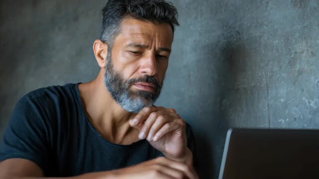 Middleaged Hispanic man focused on laptop computer in a modern workspace during afternoon hours, engaged in work or research while contemplating ideas - Powered by Adobe