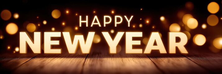 Wooden surface hosts golden happy new year inscription, bokeh orbs glow softly.