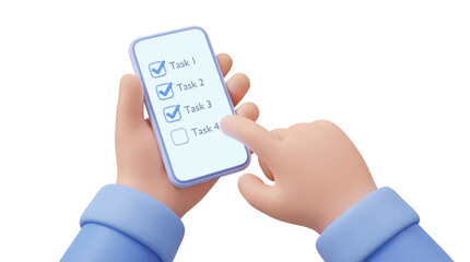 Hand Completing Digital Task List on Smartphone Application, Productivity 3D Illustration