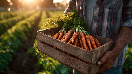 Male farmer holding wooden crate of freshly harvested carrots in sunlit field