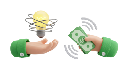 3D illustration of hands exchanging a glowing idea light bulb for money, symbolizing innovation funding