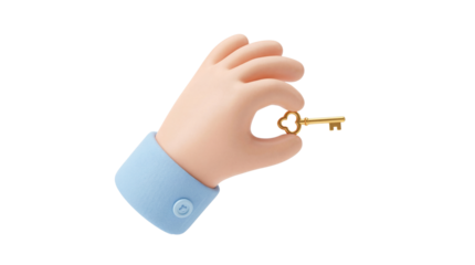 3D cartoon hand holding a shiny golden key, symbolizing solution and access to opportunity