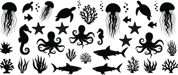Large vector illustration collection featuring black cat silhouettes, yoga poses, sitting people, marine life like whales and sharks, mushrooms, and medieval castle silhouettes. (Exactly 24 words)