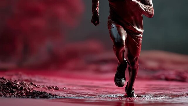 Runner sprints across red rubber terrain, creating splashes as the vibrant color contrasts with the surrounding mist in an intense sport moment captured