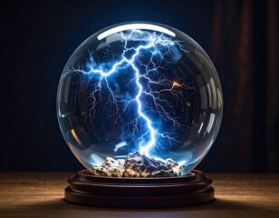 Lightning dances within a glass sphere on a wooden stand