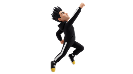 Energetic 3D young male character reaching for success, celebrating achievement in athletic wear