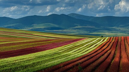 Panoramic view of colorful currant bush seedling rows, vibrant field