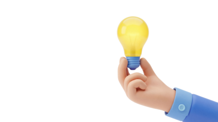 3D Cartoon Hand Holding Bright Glowing Light Bulb, Symbolizing Idea and Innovation