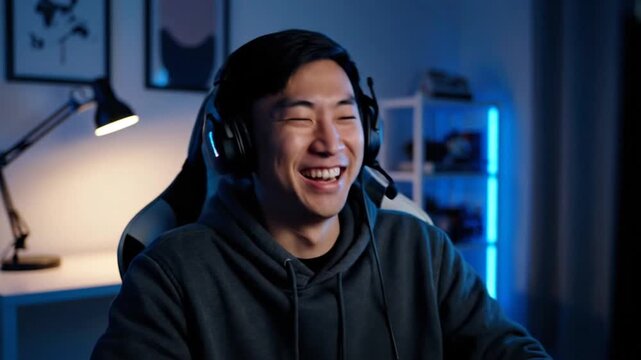 Young man enjoying an online gaming session at home, illuminated by a soft blue light